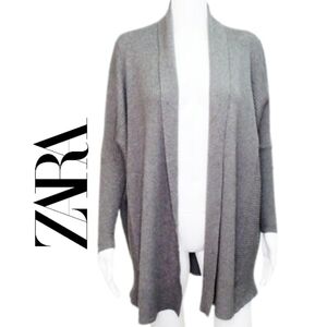 Zara Knit Open Front Ribbed Cardigan Shawl Collar Sweater Gray EUC Size S